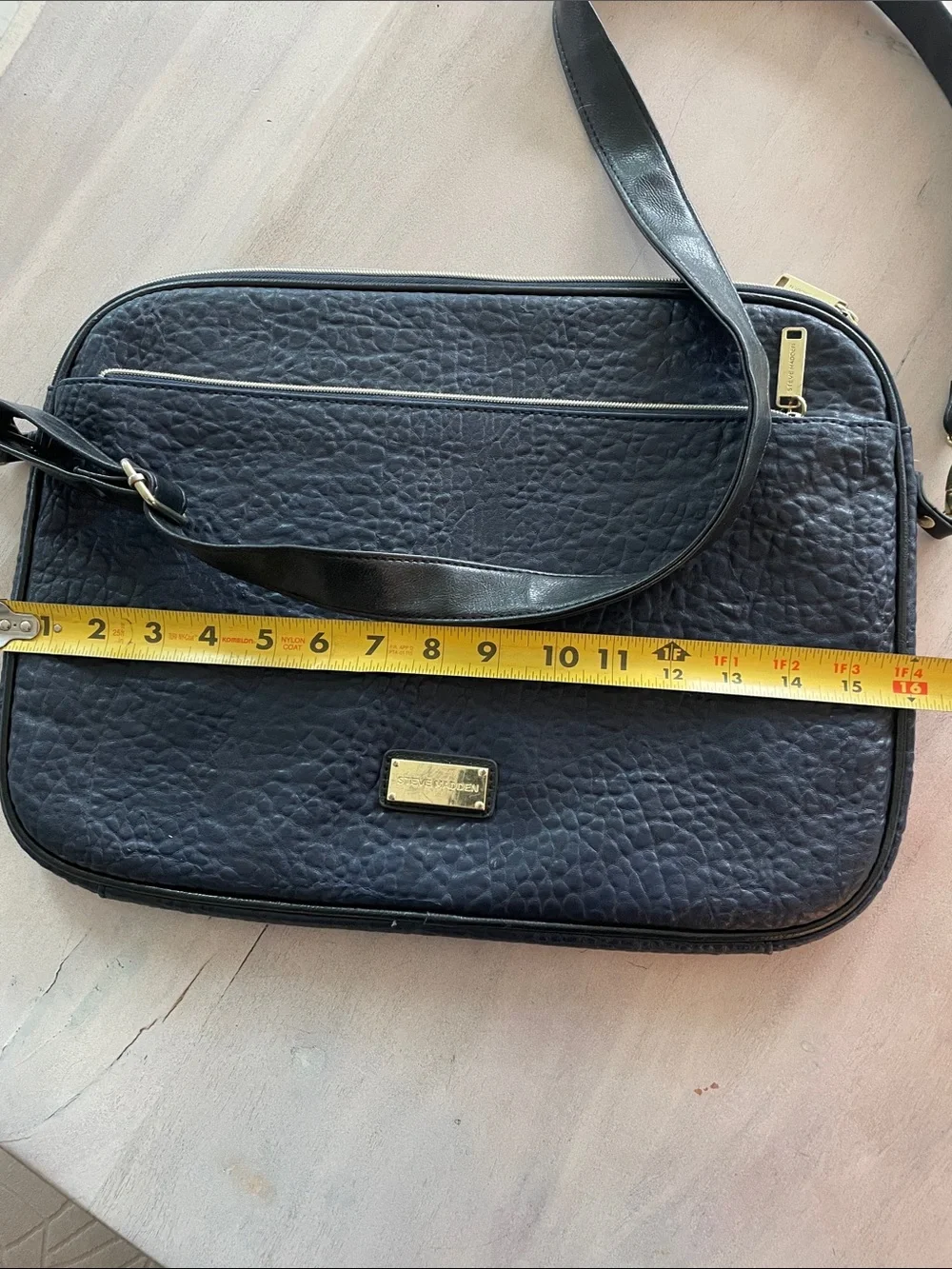 Steve Madden Navy Textured Leather Crossbody laptop  bag with Gold Accents
